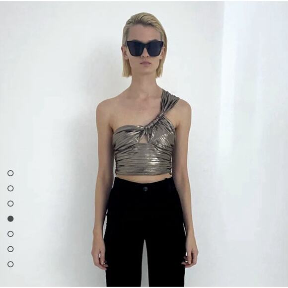 Zara Women’s Sz S Metallic Gold Cinched One‎ Shoulder Crop Side Zip Party NWT - Picture 1 of 8